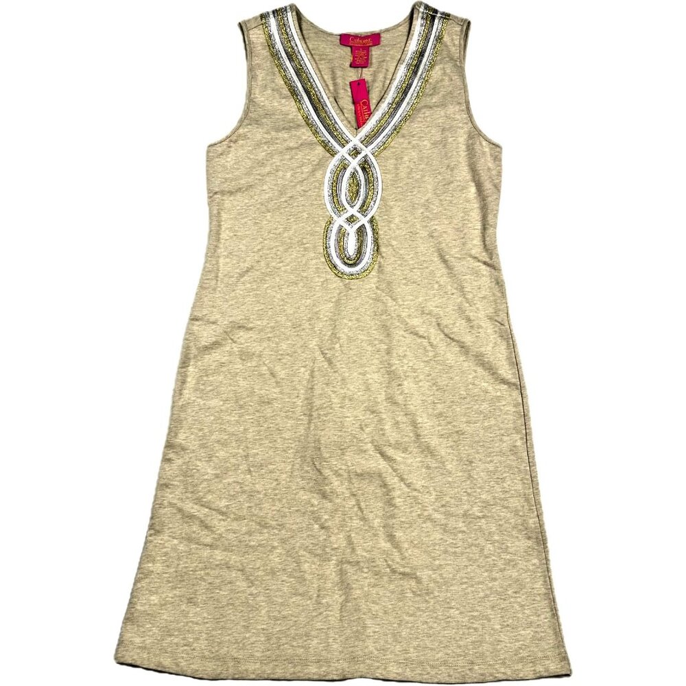 Catherine Womens Sz S Metallic Ribbon Accent V-Neck T-shirt Dress Beige Stretch‎